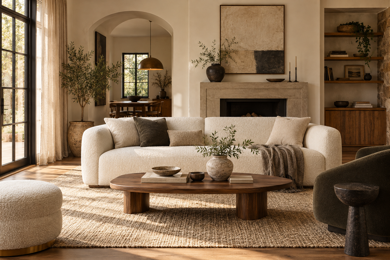 Wohnkollektion mit Sofa, Holztisch und natürlichen Materialien